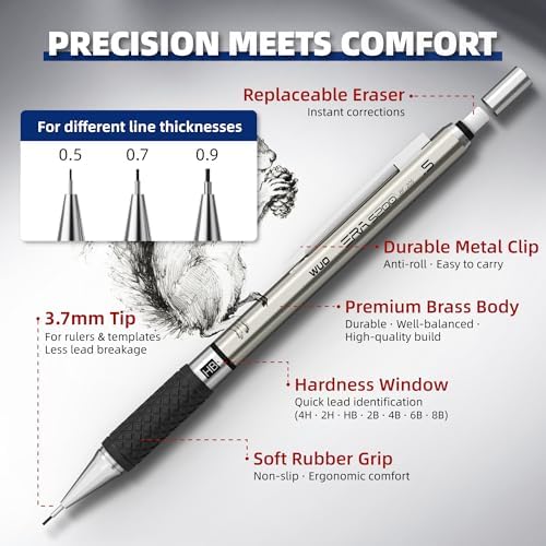 WUO 36PCS Art Mechanical Pencil Set with Storage Case, Metal Drawing Pencil | 0.5, 0.7, 0.9mm & 3PCS 2mm (2H HB 2B 4B Color) & 432 Lead Refills, 1 Eraser Pen, Artist Tech Pencils for Sketching, Drafting