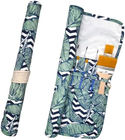 Funny live Paint Brush Holder Art Supplies, Artist Brush Holder & Storage Organizer Roll-Up Case Bag, Protect Acrylic Oil Watercolor Paintbrushes (Green Leaf 20 Slot Pockets)