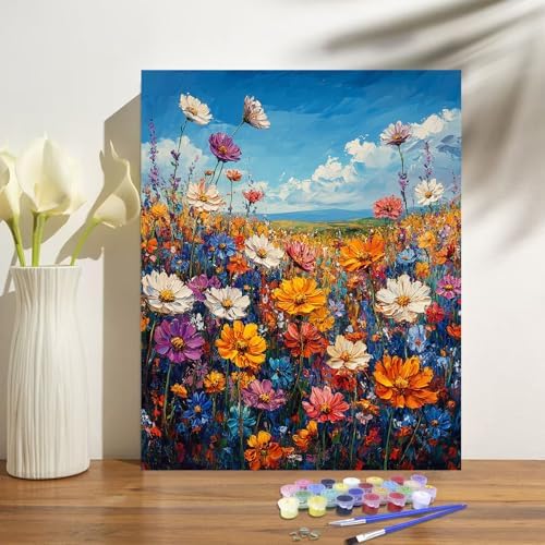 Flowers Paint by Numbers Kit for Adults Beginner Floral Oil Painting Kit Adult Paint by Number Kits on Canvas Wildflower DIY Painting for Beginners Art by Numbers for Gifts Home Wall Decor 16x20 Inch