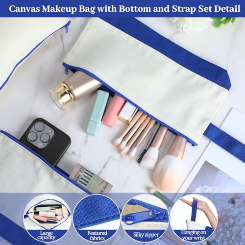 Silkfly 15 Pcs Cotton Canvas Makeup Bags Cosmetic Zipper Bags 10.2 x 5.5 x 2'' Blank DIY Pouch Bulk Pencil Case with Bottom Travel Toiletry Pouch for Women Craft Decor Gift (Beige and Blue)