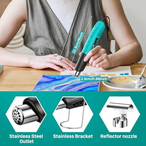 380W Mini Heat Gun, 2-Temp 480°F & 850°F for DIY & Crafts | UL-certified, Overheat Protection, Built-in Stand, with Reflector Nozzle for Epoxy Resin, 3D Printing, Vinyl & Shrink Wrap