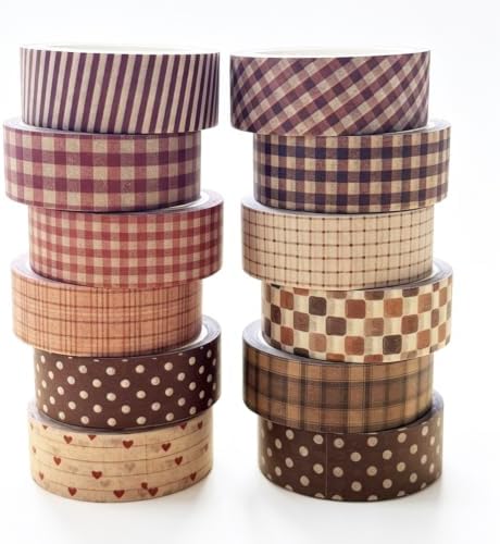 12 Rolls Vintage Plaid Washi Tape Set, Brown and Red15mm Wide