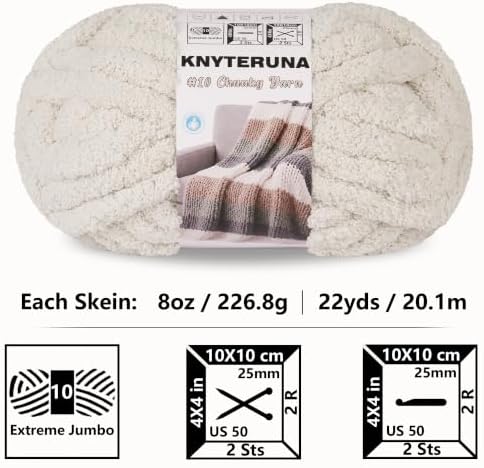 Chunky Yarn for Hand Knitting, #10 Chunky Blanket Chenille Yarn, Large Bulky Thick Jumbo Yarn, Super Chunky Knit Yarn for Crocheting, 8 Skein (8 oz 22 yds Each Skein), Beige White