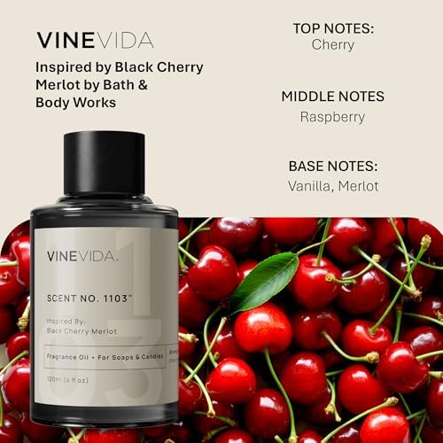 VINEVIDA; Black Cherry Merlot Fragrance Oil for Candle Making & Soap Making, Perfume Oils, Soy Wax Scents, Bath Bombs, Kitchen, Lotion Car Freshies, Diffuser, Room Spray, Laundry 4 Fl Oz (Pack of 1)