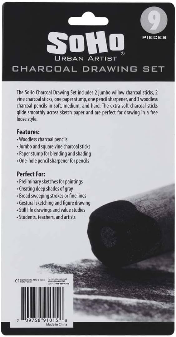Soho Urban Artist Charcoal Drawing Set - Drawing Charcoal for Artists, Students, Blending, Live Figure Drawing, & More! - [Black - Drawing Set]