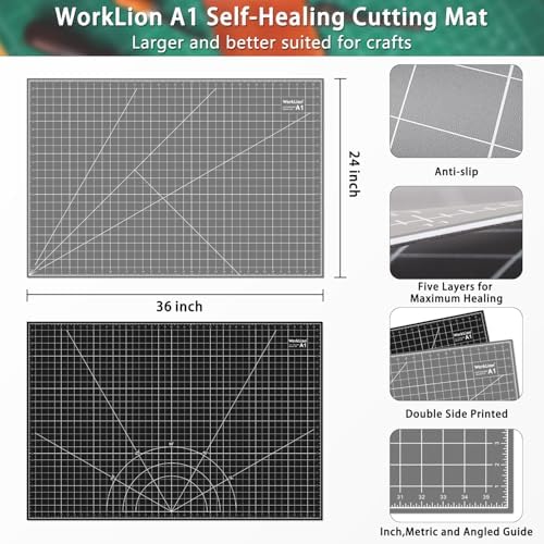 WorkLion Self Healing Cutting Mat 24''x36'': Double-Sided 5-Ply Craft Cutting Board with Grid - Slip-Resistant Large Cutting Mat for Sewing, Fabric,Quilting, Crafts & Hobbies(Grey/Black)