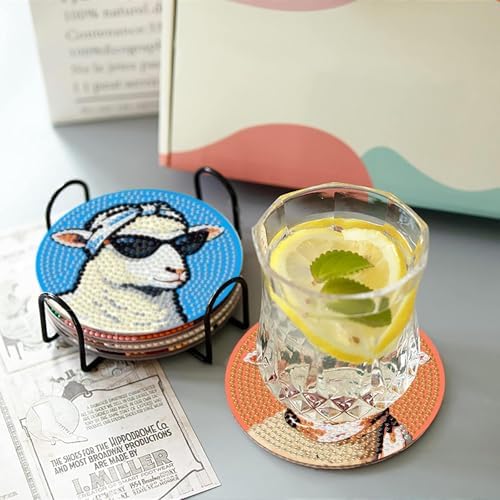 8 Pcs Sheep Diamond Art Coasters with Holder,DIY Sheep Wearing Glasses Diamond Painting Coasters Kits with Cork Pads,5D Full Round Drill Rhinestone Painting Art Crafts for Holiday Gifts 4X4 Inch.