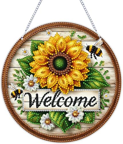 ARPADAMO Hanging Diamonds Art kit for Adult,DIY Sunflower Bee Pendant Diamonds Painting Art Kit, 7.0x7.0 inch Acrylic Diamonds Painting Board Kit Ornament, Special Crystal Diamond Hanging Ornament