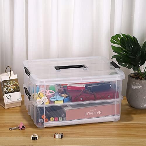 JUXYES 2-Tiers Plastic Stack Carry Storage Containers Box wih Handle Lids