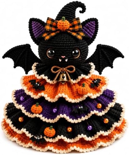 Halloween Crochet Tabletop Decor DIY Kit, Crochet Animal Halloween Tree DIY Craft Kit with Pumpkin Cow Character, Handmade Creative Holiday Craft Set for Adults, Gift for Craft Lovers，Bat