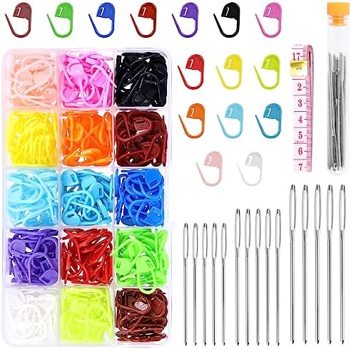 Swpeet 316Pcs Colorful Stitch Locking Clip Knitting Markers Crochet Clips with 15 Pieces Big Eyes Blunt Sewing Needles and Soft Ruler Assortment Kit, Perfect for Knit DIY Projects Accessories