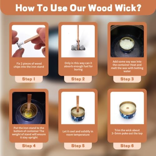 50 Set Wood Candle Wicks 3 Widths, DIY Candle Making Supplies Wooden Wicks with Iron Stands for Handmade Candles Including 20Set 5.1x0.51in, 20Set 5.9x0.59in, 10Set 5.9x0.75in Natural Wood Wick