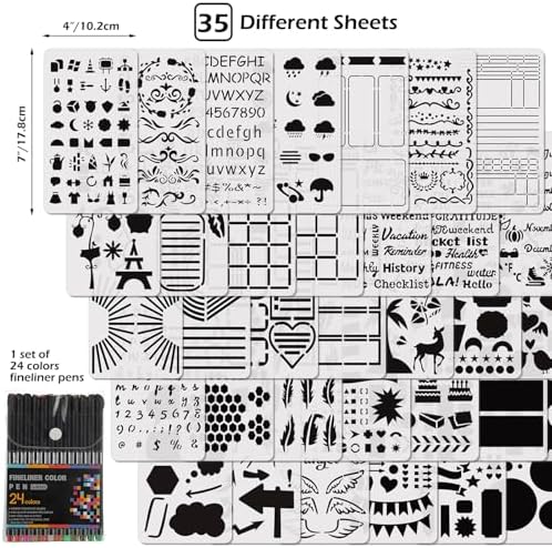 Journal Stencils 35 Pcs Set, Journal Planner Colored Pens 24 Pcs Set, Reusable Plastic Templates for Planners, Calendars, Notebooks, Daily Weekly Monthly Layouts, Letters, Numbers, Decorative Designs