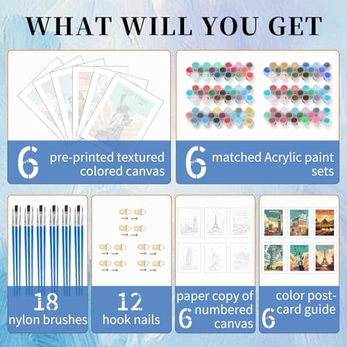 6 Pack Paint by Numbers Kit for Adults, Travel Number Painting, 10x14 Inch | DIY Adult Paint by Number Kits on Canvas for Beginners, without Frame, Vintage Travel Wall Decor, Stress Relief Craft Gift