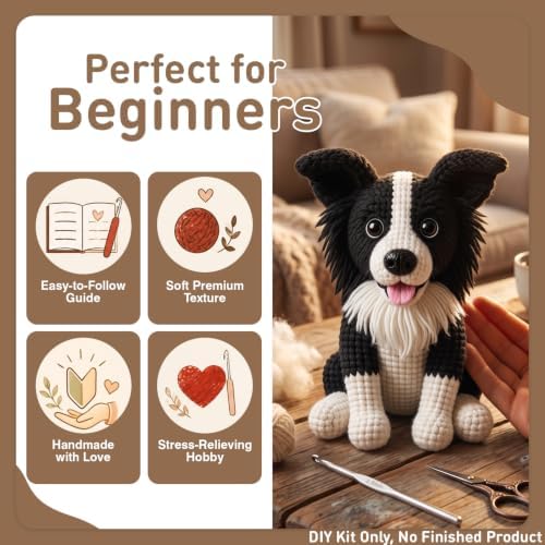 FACE N FACE DIY Crochet Border Collie Dog Kit for Beginners–Amigurumi Stuffed Dog Knitting Kit with Yarn, Hook, Safety Eyes & Step-by-Step Instructions–Easy Beginner Crochet Craft for Dog Lovers
