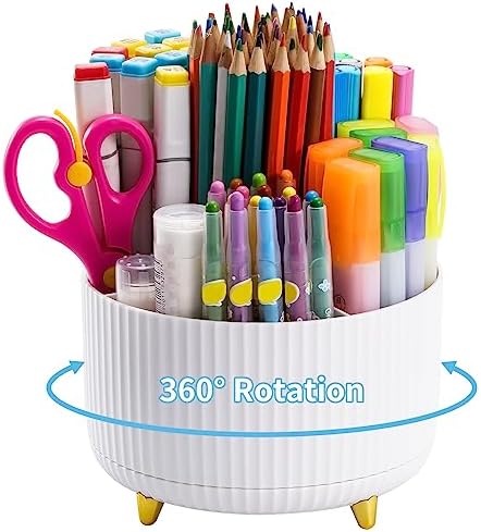 Marbrasse Desk Organizer, 360-Degree Rotating Pen Holder, Desk Organizers and Accessories with 5 Compartments Pencil Holder, Art Supply Storage Box Caddy for Office, Home（White）
