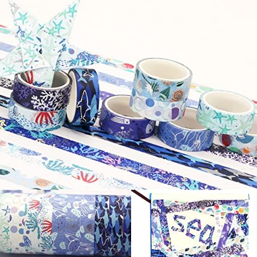 Blue Ocean Washi Tape Set 10 Rolls Bronzing Sea Decorative Masking Tapes for Scrapbooking, Journal, Planner, DIY Crafts, Gift Wrapping