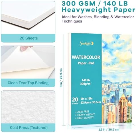 Suokata Watercolor Paper Book, 9"x12", 300 GSM Cold Press Texture Paper Pad