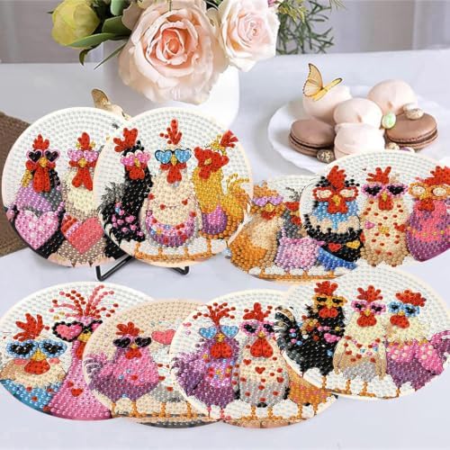 Zythron 8 Pack Diamond Art Coasters,Chicken Diamond Painting Coasters Kits
