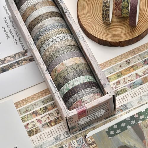 20 Rolls Skinny Vintage Washi Tape Set Retro Arts Adhesive Tapes Basic Patterns Decorative Masking Tape Sets for Craft, Kids, Scrapbook, DIY, Gift Wrapping (Through the Years)