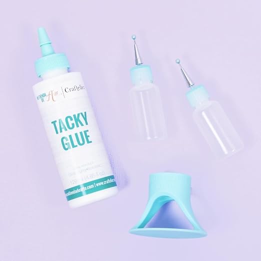 Craftelier - Set of Tacky Glue 120 ml + Glue Stick Holder Turquoise + 2 Bottles with Ultrafine Applicator 15 ml | Non-Toxic and Multipurpose Glue Ideal for Scrapbooking and Crafting