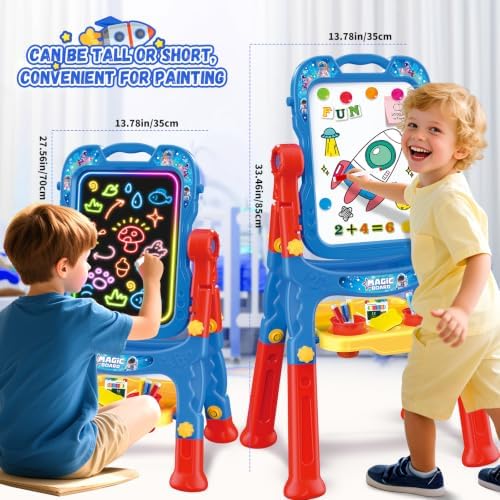 2-in-1 LED Drawing Board, Art Easel for Kids – Adjustable Double-Sided Rotatable Art Easel with Painting Accessories, Preschool Learning Toy for Boys Aged 3-5, Perfect Christmas, Birthday Gift (Blue)