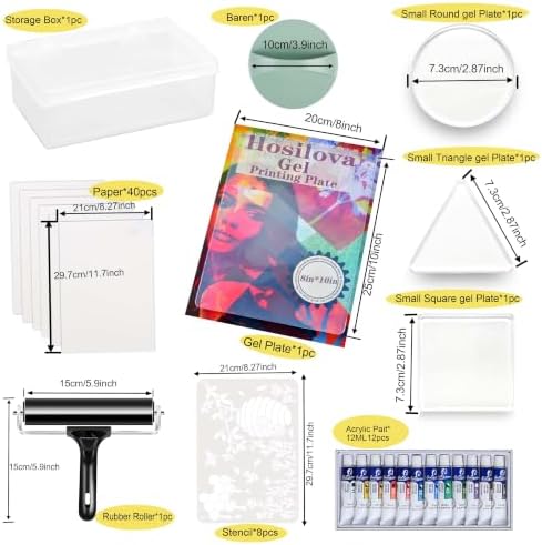 8" X 10" Gel Plate with 3inch Small Pack Round Triangel Square Gel Print Plate, Reusable Gel Printing Plate Set with Acrylic Paint,Paper, Stencil,Storage Box,Roller and Baren for Art Card Making