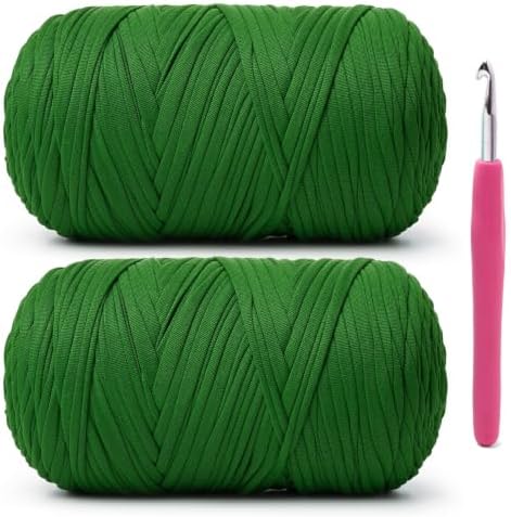 2 Pack Soft Tshirt Crochet Yarn, 800g/228yds High Elastic Hand Knitting Yarns, Thick T Shirt Yarn for Crocheting Bags, Baskets, Cushions, DIY Crafts(2 Grass Green)