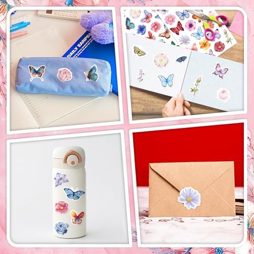 LINAYE 24 Sheets Butterfly Flower Stickers for Kids Adults, Spring Butterfly Flower Decorative Stickers Bulk for Crafts Envelops Scrapbooking, Butterfly Party Favors Supplies for Kids Classroom