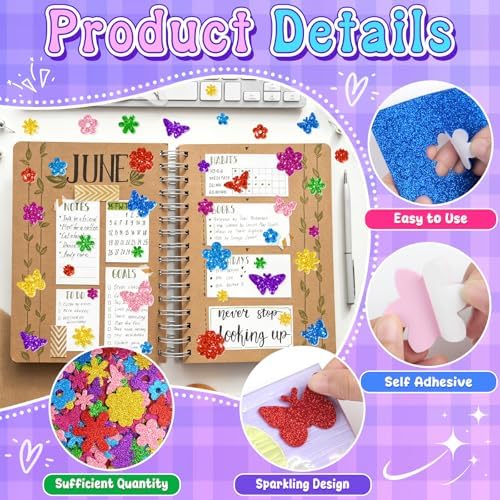 512 PCS Glitter Foam Stickers,Foam Flower&Butterfly Shapes Stickers,8Colors