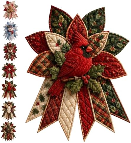 Festive Quilted Christmas Door Hanging DIY Sewing Kit, Christmas Quilted Bow DIY Kit with Fabric, Batting, Thread, Templates & Instructions, Patchwork Hanging Decor Kit for Door Wall Display (C-1)
