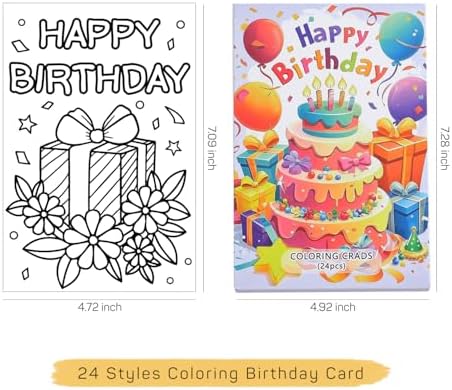 Birthday Coloring Cards, 24 Unique Blank Greeting Card Set with Cakes, Flowers & Gifts, DIY Art Craft for Kids, Adults, Holiday Gift Ideas for Mom, Friends, Thank You & Greeting Card Collection