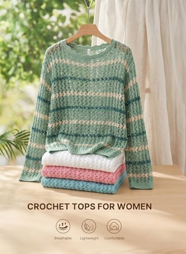 EVALESS Crochet Tops for Women Long Sleeve Hollow Out Knit Sweaters