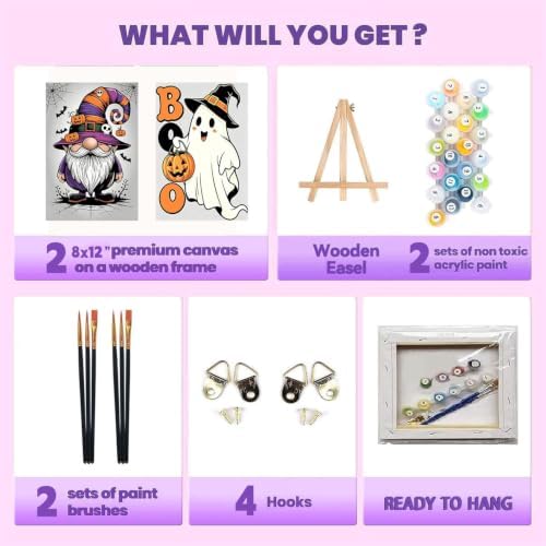 2 Pack Halloween Paint by Numbers Kit for Kids with Frame & Easel 8x12 Inch