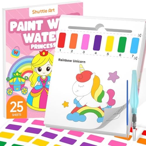 Shuttle Art Paint with Water Coloring Book for Kids, 25 Princess Themed Pages with 2 Brushes, Mess-Free Watercolor Paint Set, Travel-Friendly Art Craft Gift for Toddlers, Birthday Christmas Gift