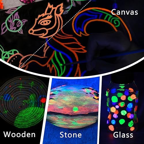 Artecho Glow in the Dark Acrylic Paint Set, 8 Colors x 20ml (0.7oz) | Non-Toxic, Waterproof, For Canvas Rock Wood Fabric, Rich Pigment, For Adults & Hobbyists