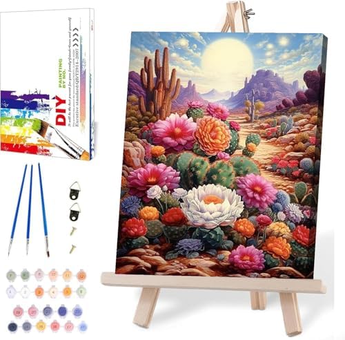 MIRCVSH Landscape Paint by Numbers Kit for Adults,Adult Paint by Number with Wooden Framed,Desert Cactus Flowers Paint by Number for Home Wall Decor 12x16 Inch