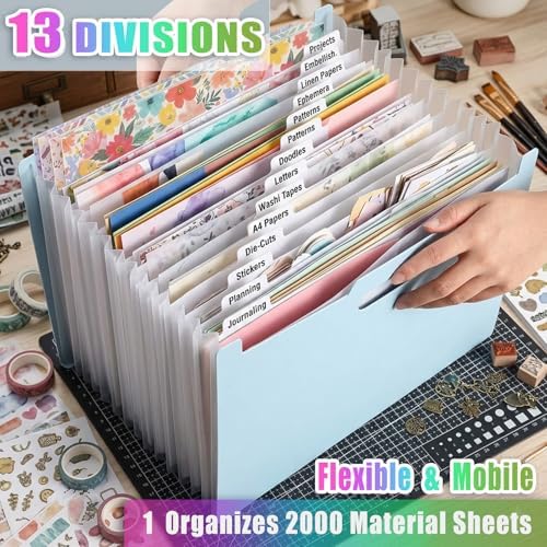 12x12 Scrapbook Paper Storage Organizer with 13 Expandable Pocket, Large Scrapbook Paper Storage for Craft Room Sticker Storage and Organization, Desktop Paper Holder (3 Pcs, Blue+Cream+Pink)