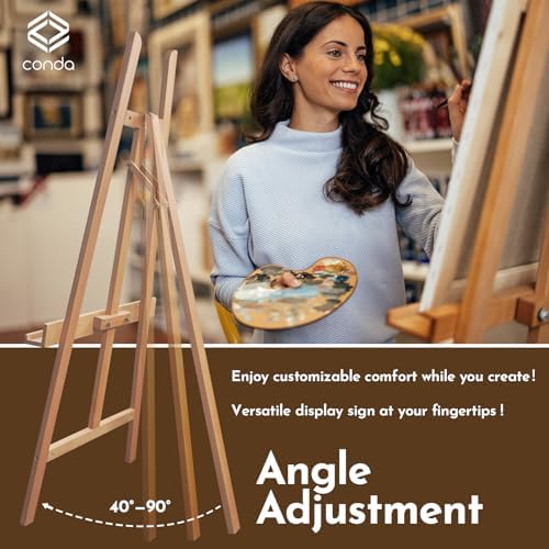 Heavy Duty A-Frame Wood Easel Stand - Adjustable Studio Easel Holds Large Canvas, Mirror, Wedding Sign Up to 90 Inches, Floor Display Easel for Artists & Events, Natural Beechwood