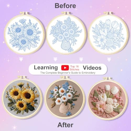 Huacan Embroidery Kit for Adults Beginners with 3 Hoops & Gift Box