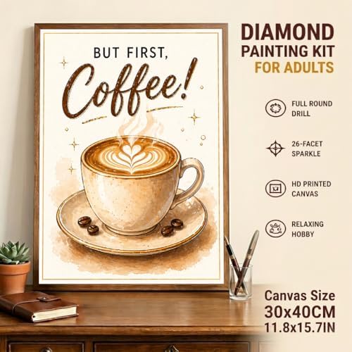 TOPCLTV Coffee Cup Diamond Art Kits for Adults - 5D Full Round Drill Diamond Painting Kit for Beginner, DIY Crystal Gem Art for Kitchen & Coffee Bar Decor,Relaxing Hobby Woman Gift 12x16 Inch