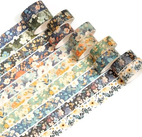 10 Rolls Blooming Flowers Washi Tape Set Floral Arts Adhesive Tapes Colorful Garden Decorative Masking Tape Sets for Craft, Kids, Scrapbook, DIY, Gift Wrapping (6-Silence)