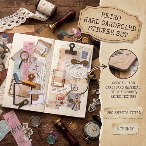 250PCS Vintage Scrapbook Stickers Kit, Ephemera for Junk Journal Supplies