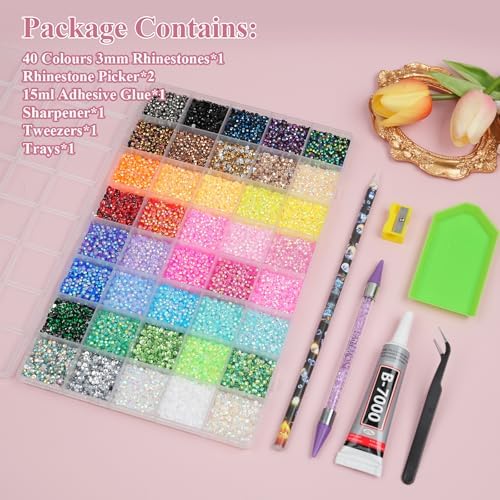 Resin Jelly Rhinestones for Bedazzling, EARLMONI Multi Colord Bedazzler Kit with 15ml B7000 Jewelry Glue Rhinestone Pen Tool for Clothes Nail Art (40 Colors, 3MM)