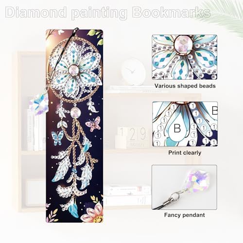 4 Pack Diamond Painting Bookmarks for Adults, 5D DIY Diamond Art Bookmark Kit with Tassels, Rhinestone Craft Supplies for Reading Lovers, Dreamcatcher & Butterfly Designs
