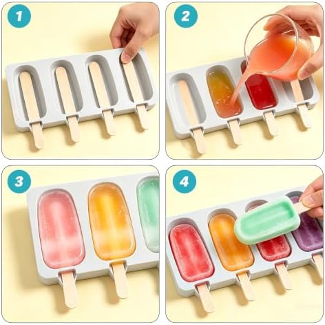 Popsicles Molds, 2Pcs Homemade Cake Pop Molds with Wooden Popsicles Sticks, Reusable Silicone Ice Pop Cream Cakesicle Maker Mold 4 Cavities for Home DIY Craft, White