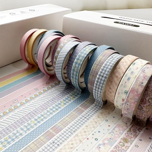 Vintage Washi Tape Set 20 Rolls Skinny Retro Decorative Antique Patterns Masking Tapes for Arts, DIY Crafts, Journals, Planners, Scrapbook, Wrapping (Kawaii)
