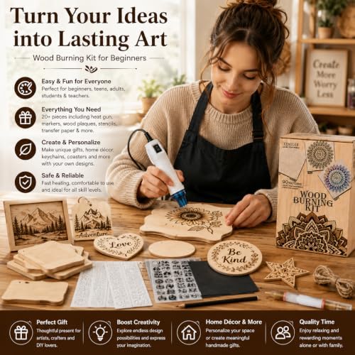 Xenolog Wood Burning Kit for Beginners - Complete 20+ Piece Pyrography Set with Heat Gun, Markers, 9 Wood Plaques, Stencils, Transfer Paper - Art Craft Gift for Adults, Teens, DIY Artists