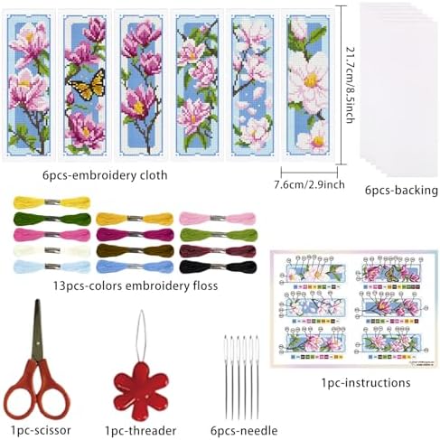 ORIGACH 6 Set Magnolia Cross Stitch Bookmark Kit for Beginner
