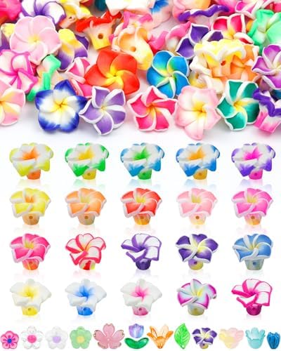 FIVEIZERO Flower Charms, 80PCS Clay Plumeria Flower Beads, 20 Colors